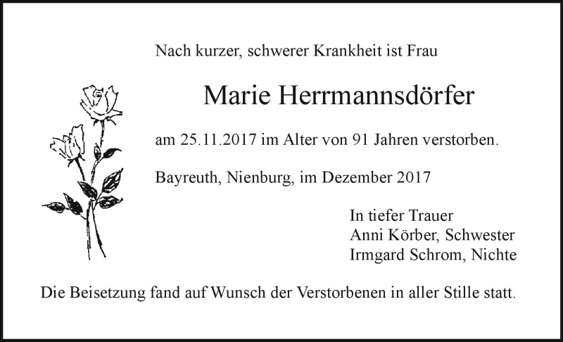  Traueranzeige für Marie Herrmannsdörfer vom 15.12.2017 aus Nordbayerischer Kurier