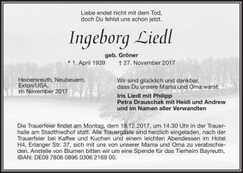 Anzeige von Ingeborg Liedl von Nordbayerischer Kurier