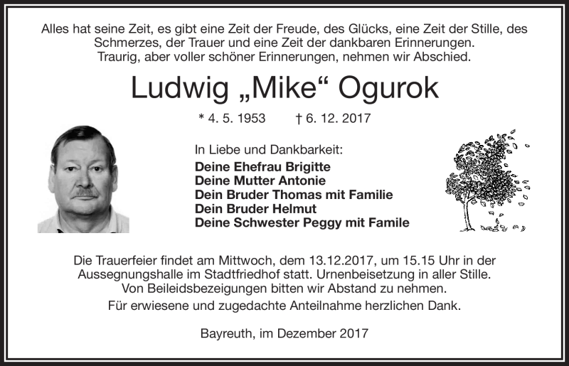  Traueranzeige für Ludwig Ogurok vom 11.12.2017 aus Nordbayerischer Kurier