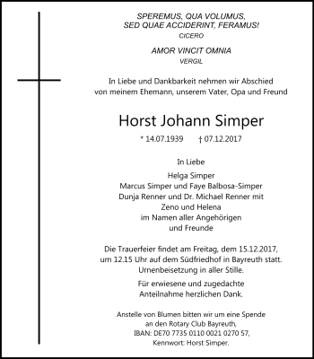 Anzeige von Horst Johann Simper von Nordbayerischer Kurier