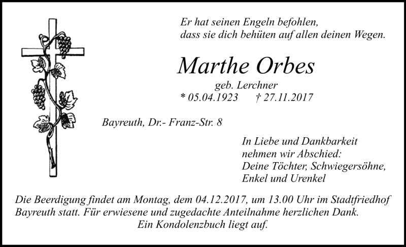  Traueranzeige für Marthe Orbes vom 02.12.2017 aus Nordbayerischer Kurier