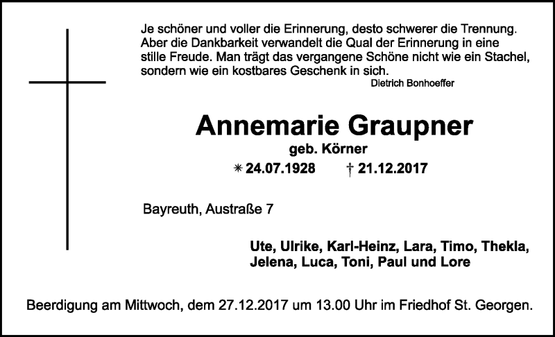  Traueranzeige für Annemarie Graupner vom 23.12.2017 aus Nordbayerischer Kurier