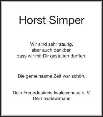 Anzeige von Horst Simper von Nordbayerischer Kurier