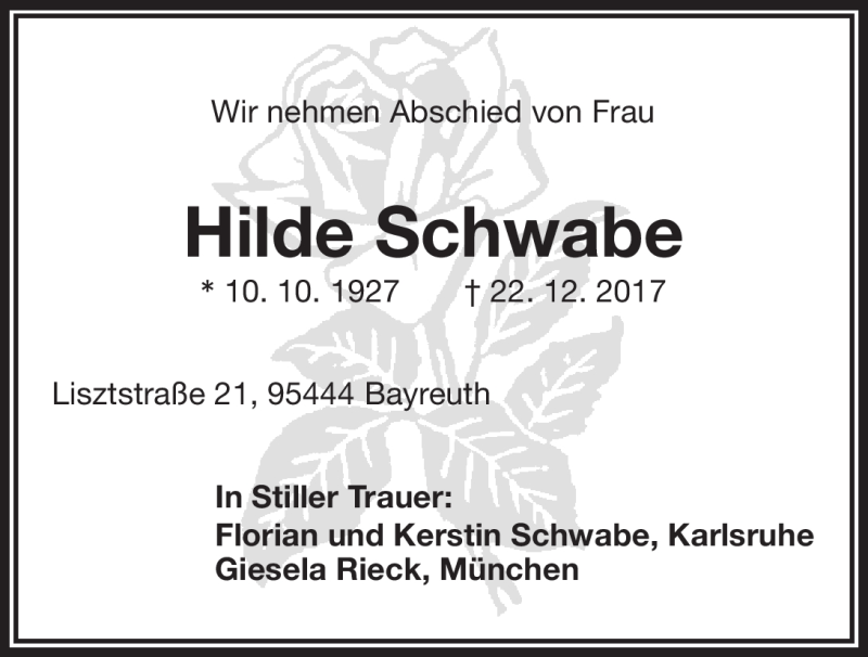  Traueranzeige für Hilde Schwabe vom 30.12.2017 aus Nordbayerischer Kurier