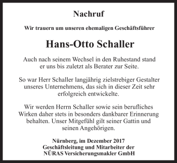 Anzeige von Hans-Otto Schaller von Nordbayerischer Kurier