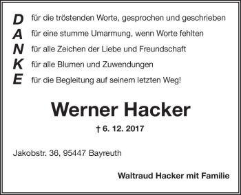 Anzeige von Werner Hacker von Nordbayerischer Kurier