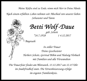 Anzeige von Betti Wolf-Daue von Nordbayerischer Kurier