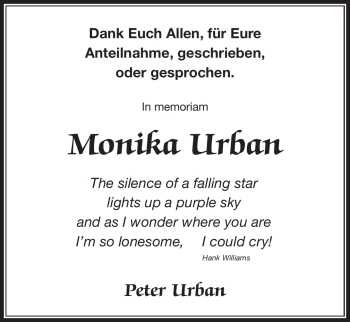 Anzeige von Monika Urban von Nordbayerischer Kurier