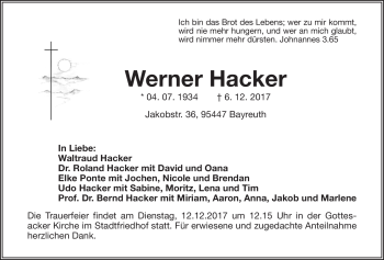 Anzeige von Werner Hacker von Nordbayerischer Kurier