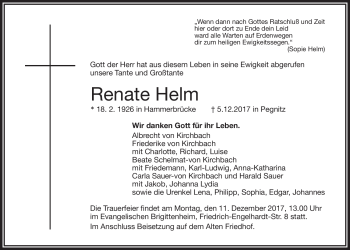 Anzeige von Renate Helm von Nordbayerischer Kurier