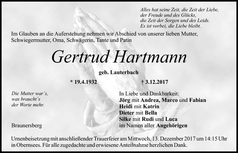  Traueranzeige für Gertrud Hartmann vom 09.12.2017 aus Nordbayerischer Kurier