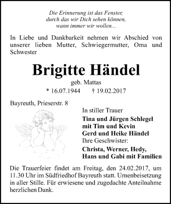 Anzeige von Brigitte Händel von Nordbayerischer Kurier