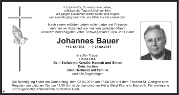 Anzeige von Johannes Bauer von Nordbayerischer Kurier