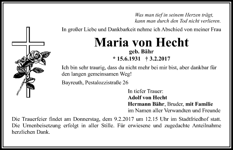  Traueranzeige für Maria von Hecht vom 07.02.2017 aus Nordbayerischer Kurier