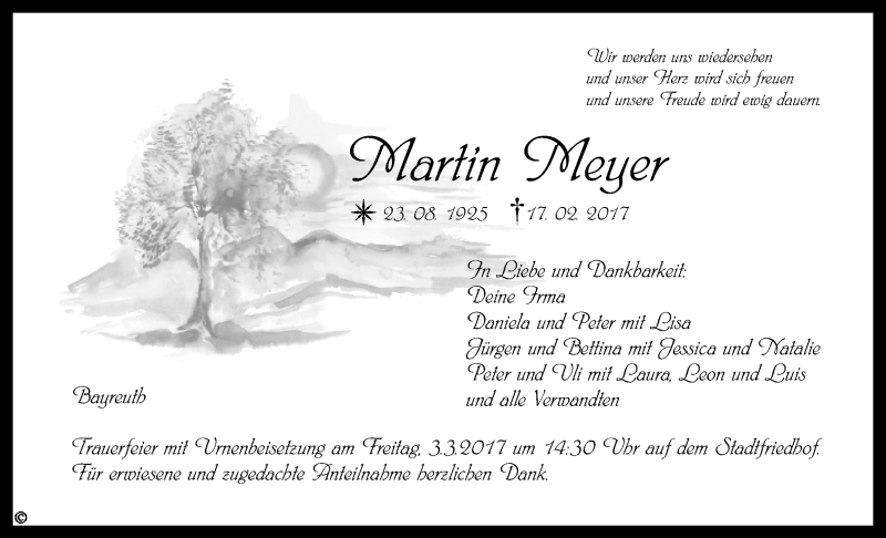 Traueranzeige für Martin Meyer vom 28.02.2017 aus Nordbayerischer Kurier