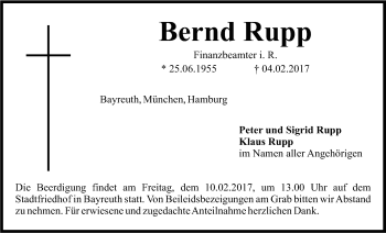 Anzeige von Bernd Rupp von Nordbayerischer Kurier