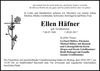 Anzeige von Ellen Häfner von Nordbayerischer Kurier