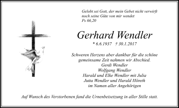 Anzeige von Gerhard Wendler von Nordbayerischer Kurier