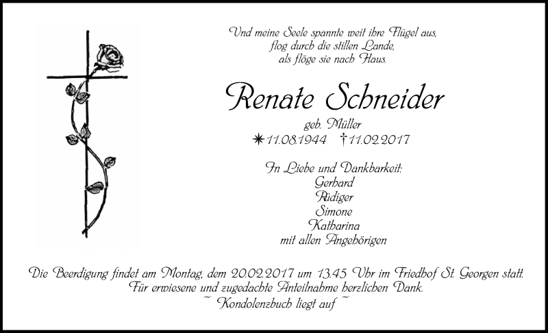  Traueranzeige für Renate Schneider vom 15.02.2017 aus Nordbayerischer Kurier