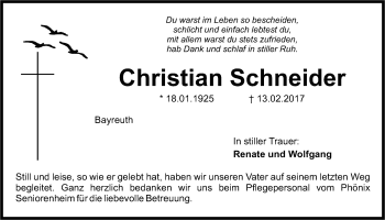 Anzeige von Christian Schneider von Nordbayerischer Kurier