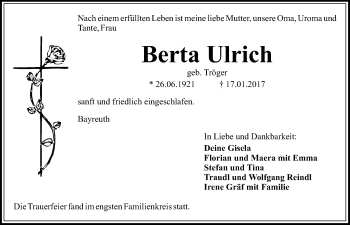 Anzeige von Berta Ulrich von Nordbayerischer Kurier