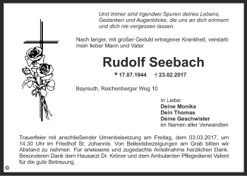 Anzeige von Rudolf Seebach von Nordbayerischer Kurier