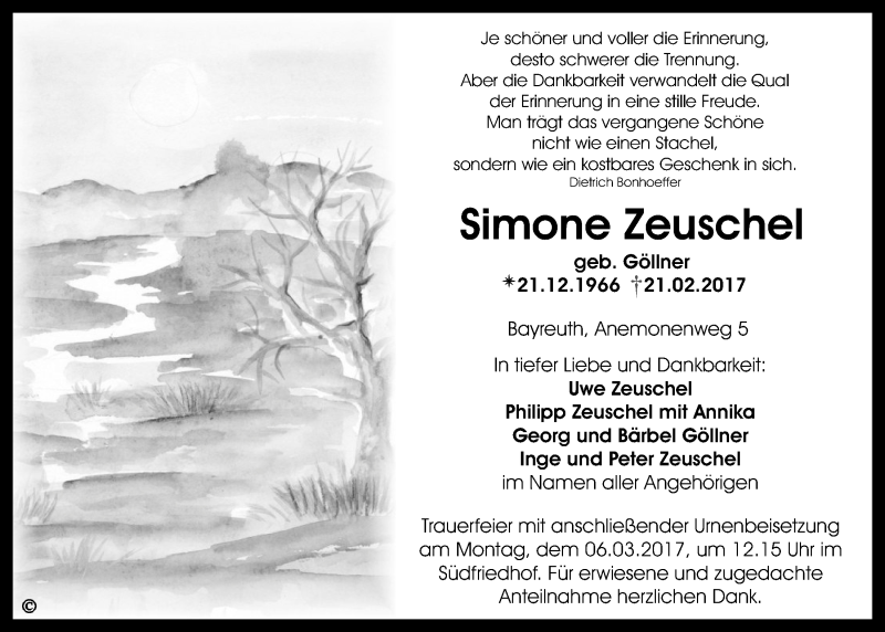  Traueranzeige für Simone Zeuschel vom 25.02.2017 aus Nordbayerischer Kurier