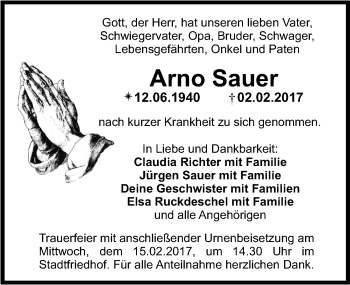Anzeige von Arno Sauer von Nordbayerischer Kurier