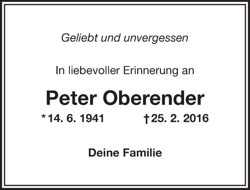  Traueranzeige für Peter Oberender vom 25.02.2017 aus Nordbayerischer Kurier
