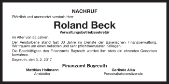 Anzeige von Roland Beck von Nordbayerischer Kurier