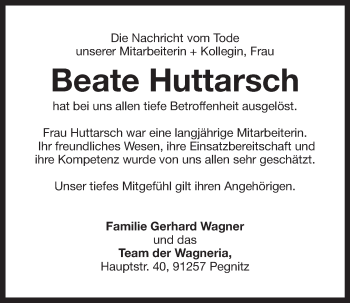 Anzeige von Beate Huttarsch von Nordbayerischer Kurier