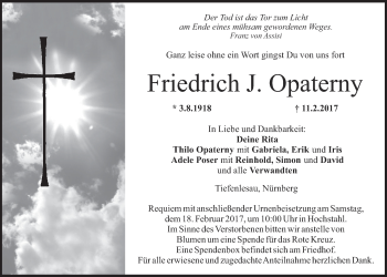 Anzeige von Friedrich J. Opaterny von Nordbayerischer Kurier