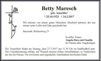 Anzeige von Betty Maresch von Nordbayerischer Kurier