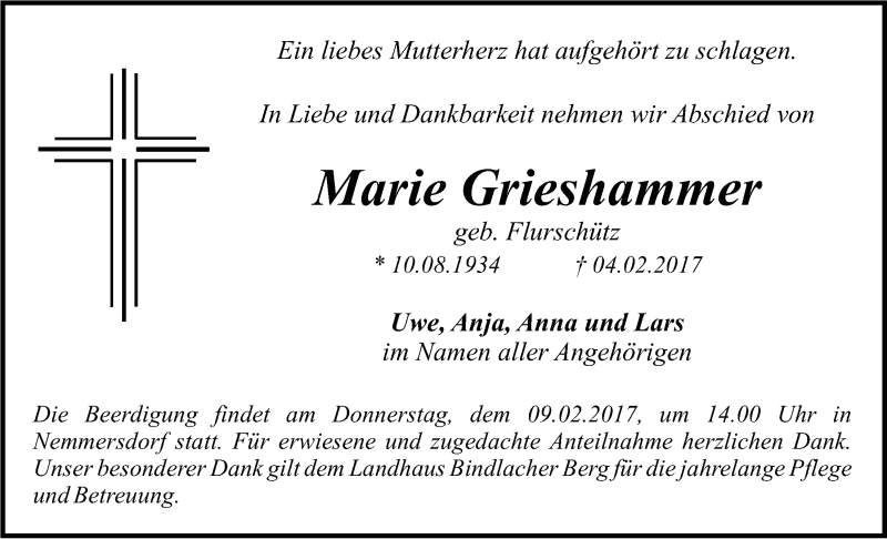  Traueranzeige für Marie Grieshammer vom 07.02.2017 aus Nordbayerischer Kurier