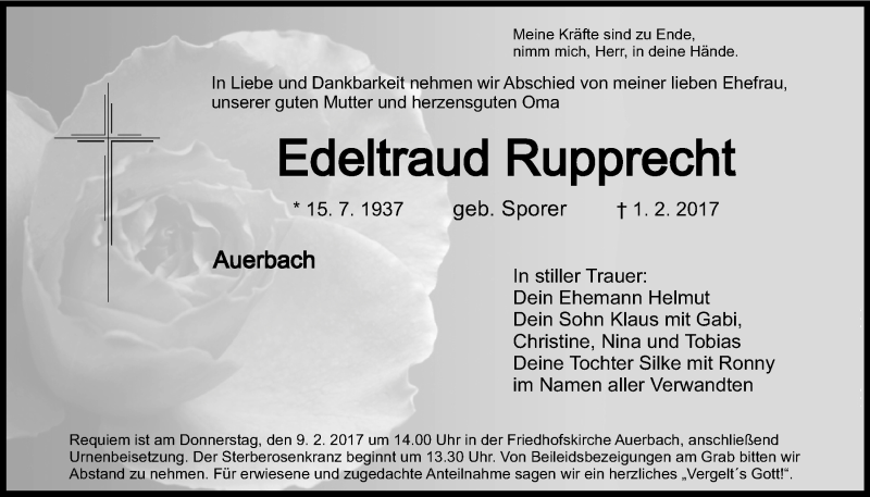 Traueranzeige für Edeltraud Rupprecht vom 04.02.2017 aus Nordbayerischer Kurier