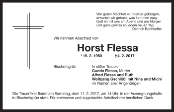 Anzeige von Horst Flessa von Nordbayerischer Kurier