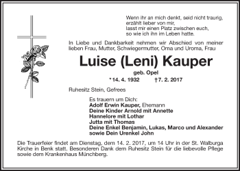 Anzeige von Luise Kauper von Nordbayerischer Kurier