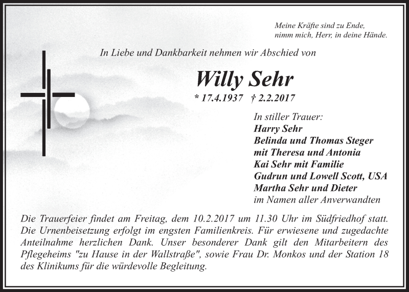  Traueranzeige für Willy Sehr vom 08.02.2017 aus Nordbayerischer Kurier