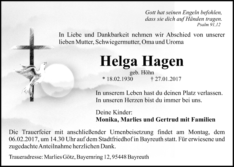  Traueranzeige für Helga Hagen vom 01.02.2017 aus Nordbayerischer Kurier