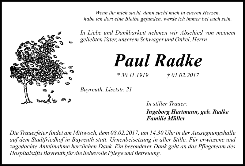  Traueranzeige für Paul Radke vom 04.02.2017 aus Nordbayerischer Kurier