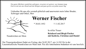 Anzeige von Werner Fischer von Nordbayerischer Kurier
