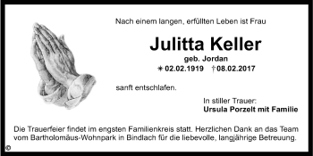 Anzeige von Julitta Keller von Nordbayerischer Kurier