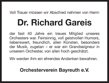 Anzeige von Richard Gareis von Nordbayerischer Kurier