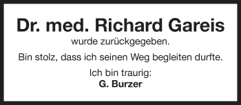 Anzeige von Richard Gareis von Nordbayerischer Kurier