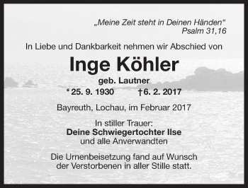 Anzeige von Inge Köhler von Nordbayerischer Kurier