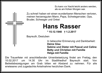 Anzeige von Hans Rasser von Nordbayerischer Kurier