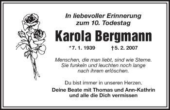 Anzeige von Karola Bergmann von Nordbayerischer Kurier