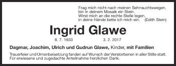 Anzeige von Ingrid Glawe von Nordbayerischer Kurier