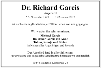 Anzeige von Richard Gareis von Nordbayerischer Kurier