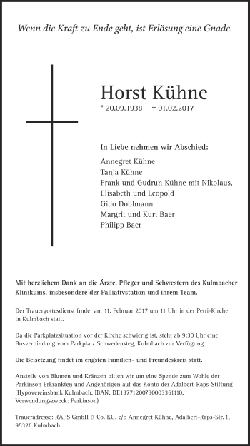 Anzeige von Horst Kühne von Nordbayerischer Kurier